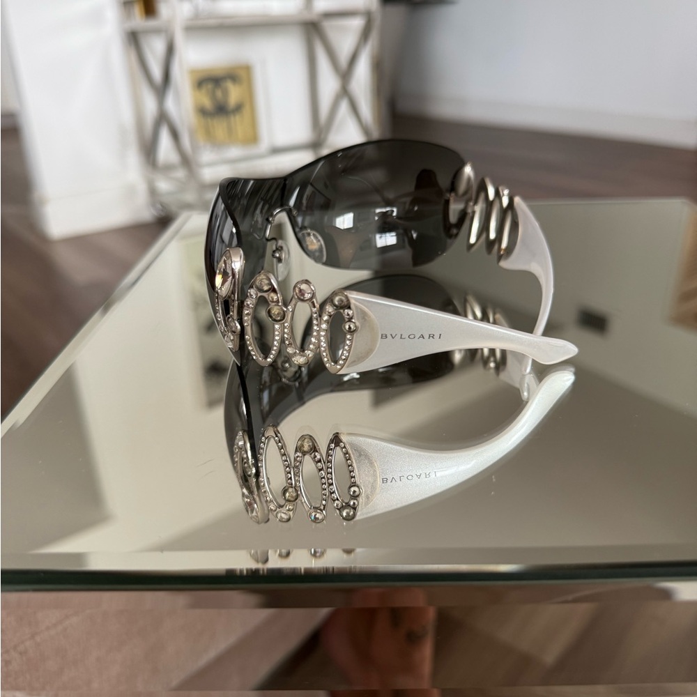 Bvlgari White & Silver Oversized Shield Sunglasses with Crystal Detail